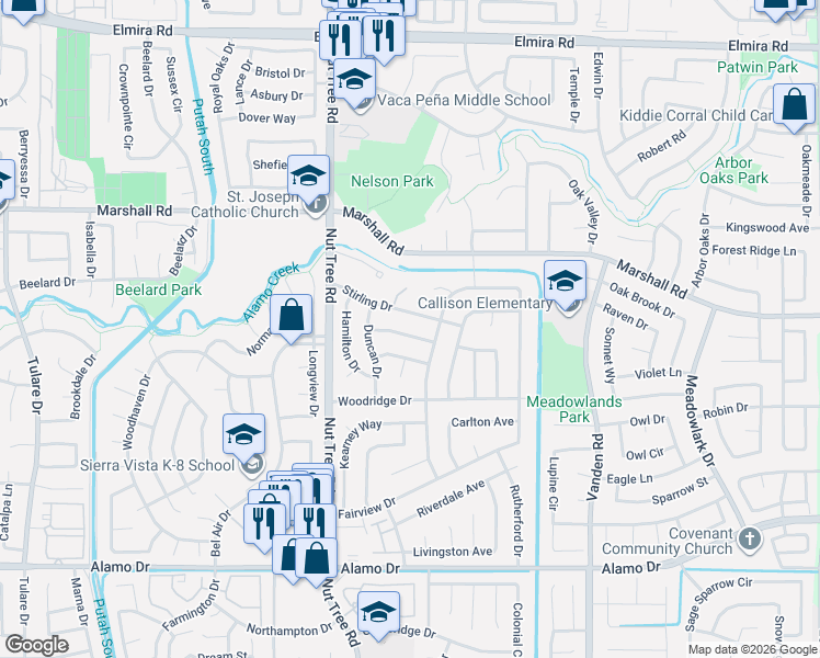 map of restaurants, bars, coffee shops, grocery stores, and more near 158 Stirling Drive in Vacaville