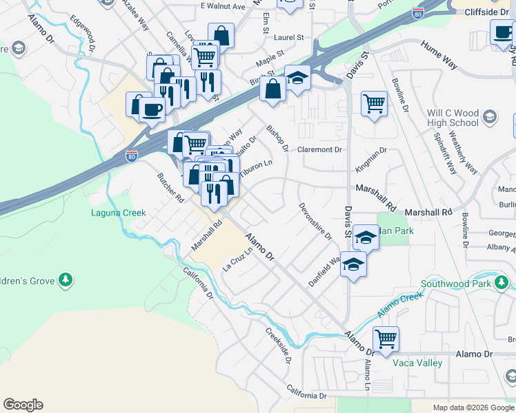 map of restaurants, bars, coffee shops, grocery stores, and more near 664 Cordelia Circle in Vacaville