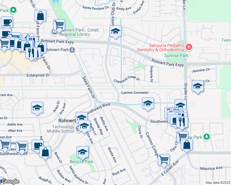 map of restaurants, bars, coffee shops, grocery stores, and more near 810 Carlita Circle in Rohnert Park
