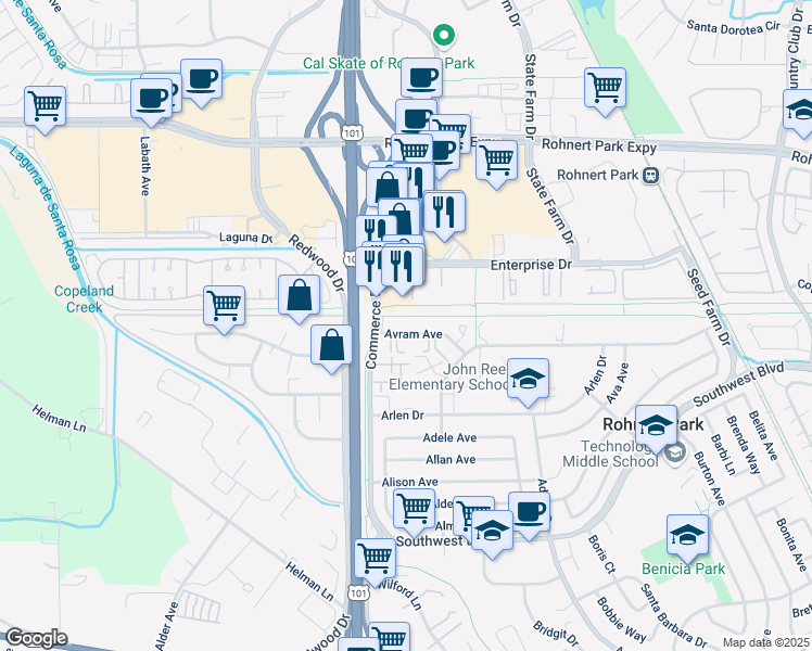 map of restaurants, bars, coffee shops, grocery stores, and more near in Rohnert Park