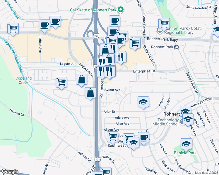 map of restaurants, bars, coffee shops, grocery stores, and more near in Rohnert Park