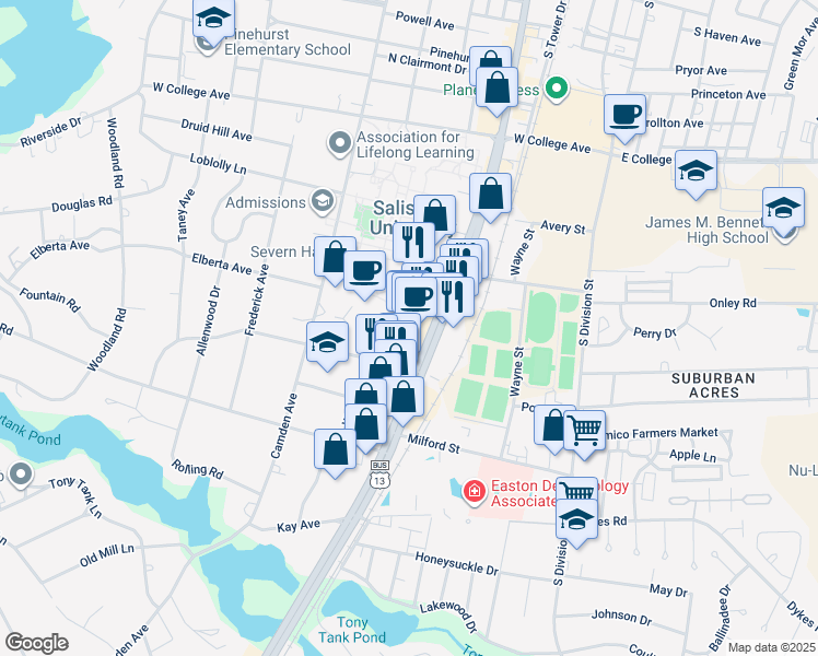 map of restaurants, bars, coffee shops, grocery stores, and more near 1306 South Salisbury Boulevard in Salisbury
