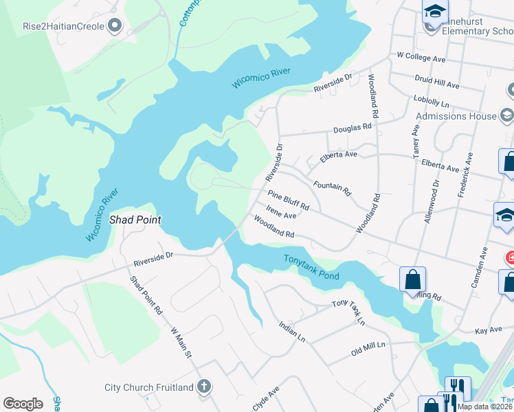 map of restaurants, bars, coffee shops, grocery stores, and more near 1507 Riverside Drive in Salisbury