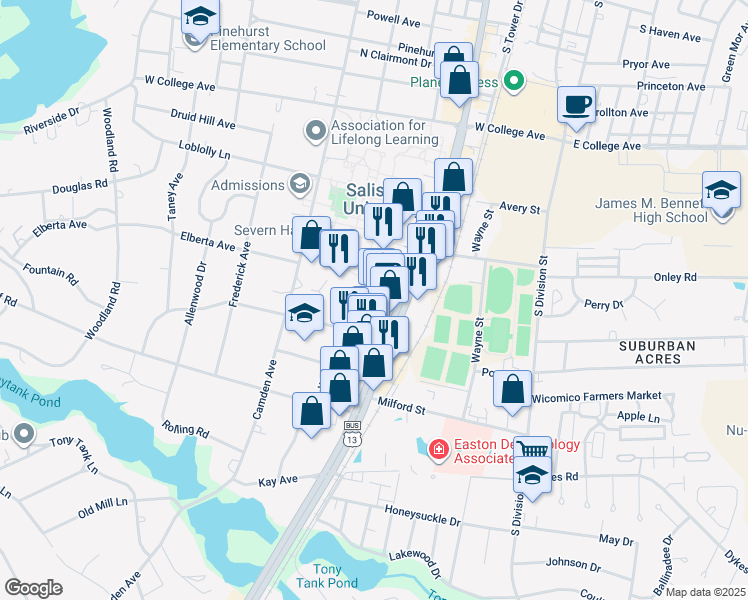 map of restaurants, bars, coffee shops, grocery stores, and more near 1306 South Salisbury Boulevard in Salisbury