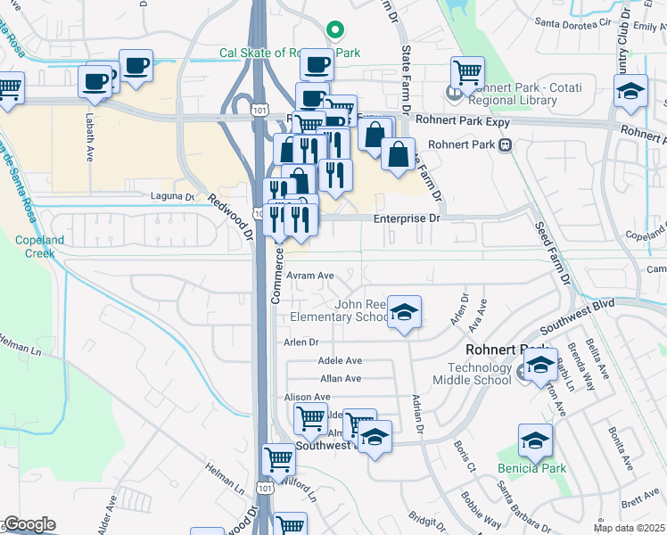 map of restaurants, bars, coffee shops, grocery stores, and more near 130 Avram Avenue in Rohnert Park