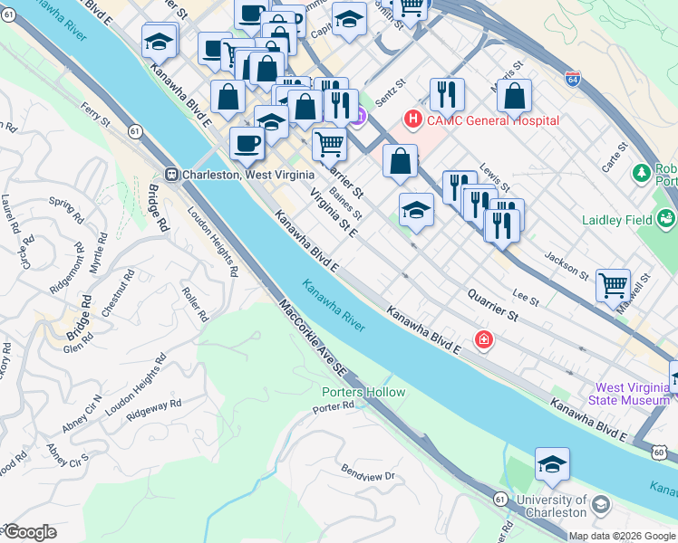 map of restaurants, bars, coffee shops, grocery stores, and more near 1308 Kanawha Boulevard East in Charleston