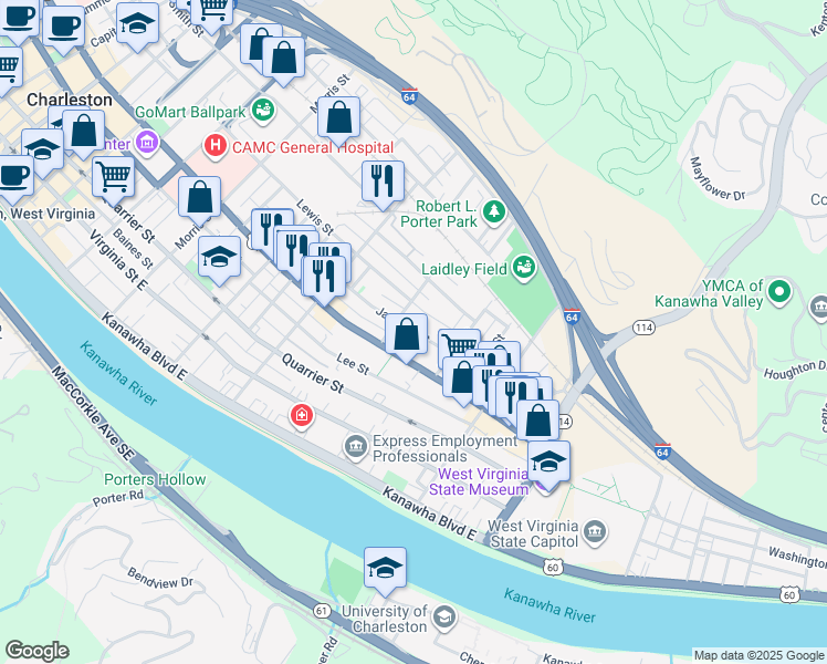 map of restaurants, bars, coffee shops, grocery stores, and more near Jackson Street in Charleston
