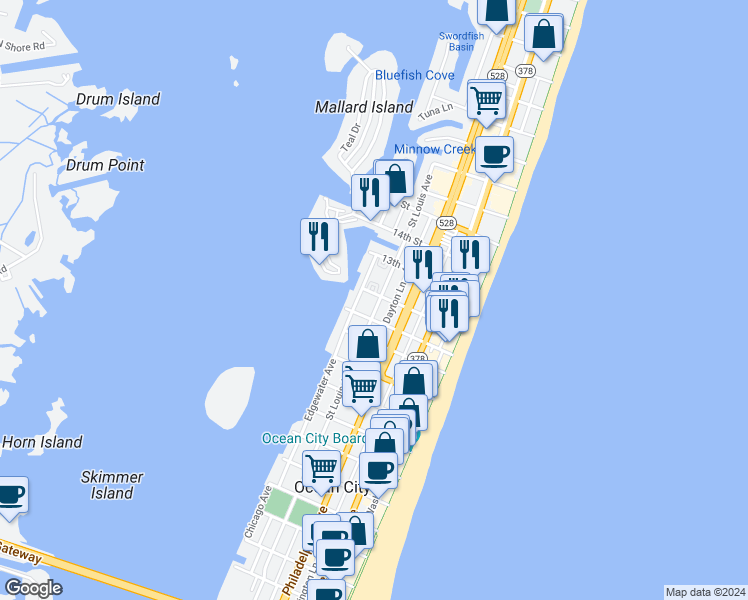 map of restaurants, bars, coffee shops, grocery stores, and more near 204 12th Street in Ocean City