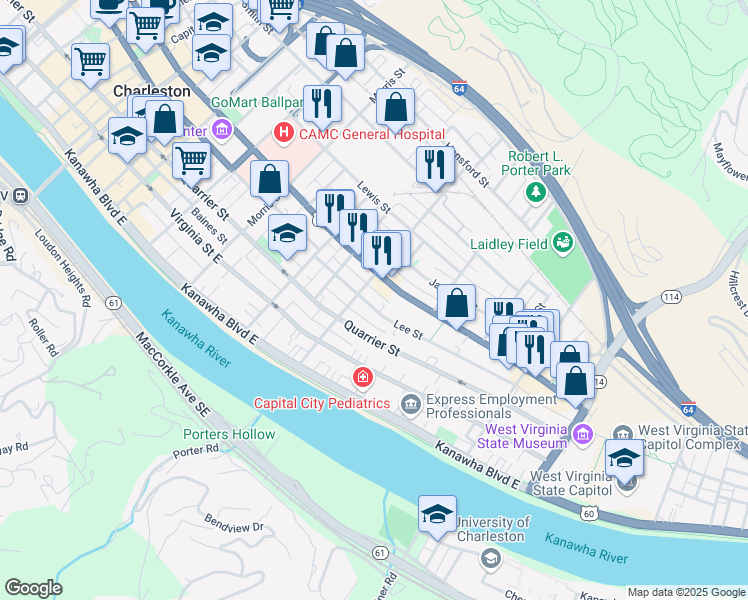 map of restaurants, bars, coffee shops, grocery stores, and more near 1511 워싱턴 스트리트 이스트 in Charleston