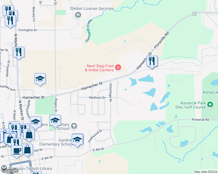 map of restaurants, bars, coffee shops, grocery stores, and more near 102 Osterhage Drive in Waterloo