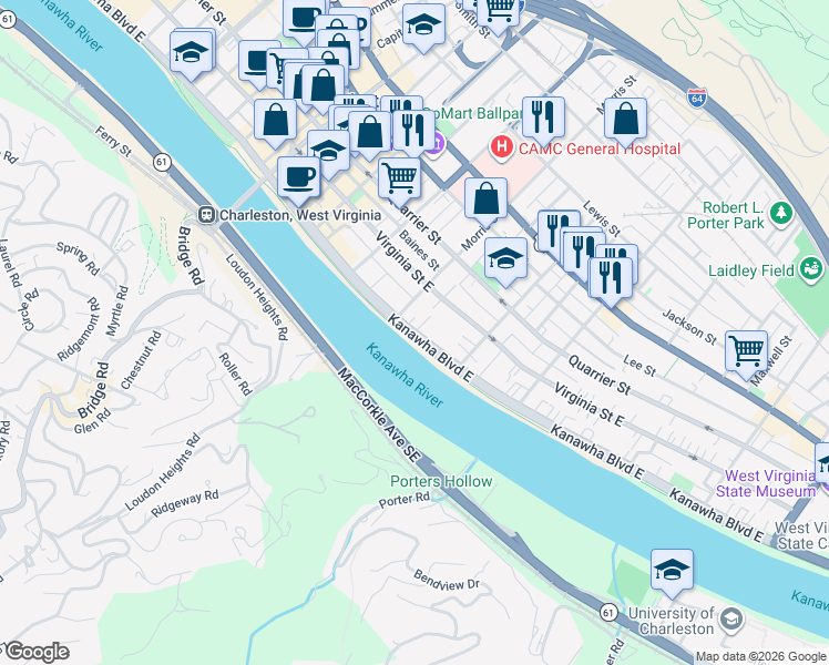 map of restaurants, bars, coffee shops, grocery stores, and more near 1308 Kanawha Boulevard East in Charleston