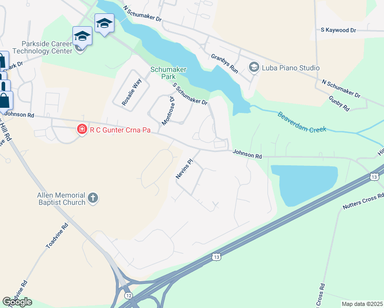 map of restaurants, bars, coffee shops, grocery stores, and more near 1102 Nevins Pl in Salisbury