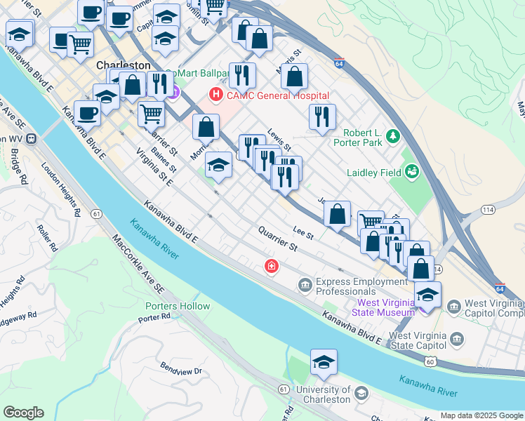 map of restaurants, bars, coffee shops, grocery stores, and more near 1429 Lee Street East in Charleston