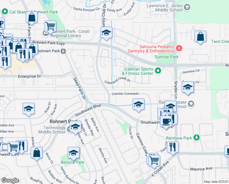 map of restaurants, bars, coffee shops, grocery stores, and more near 962 Camino Coronado in Rohnert Park