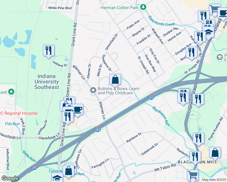 map of restaurants, bars, coffee shops, grocery stores, and more near 4104 Stone Place in New Albany