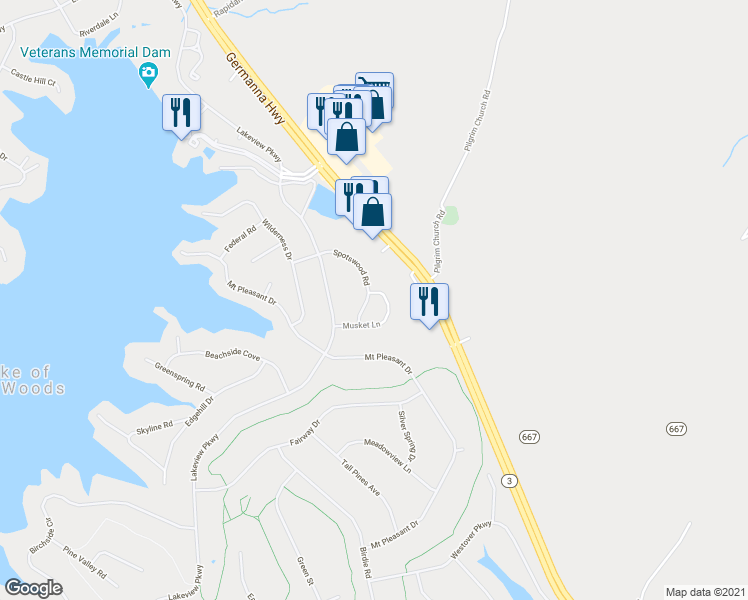 map of restaurants, bars, coffee shops, grocery stores, and more near 305 Spotswood Road in Locust Grove