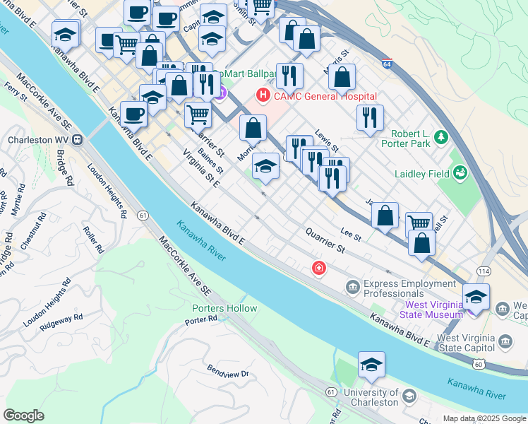 map of restaurants, bars, coffee shops, grocery stores, and more near 104 Bradford Street in Charleston