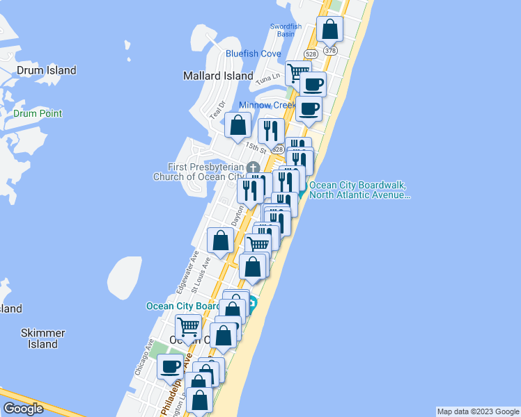 map of restaurants, bars, coffee shops, grocery stores, and more near 1206 Philadelphia Avenue in Ocean City