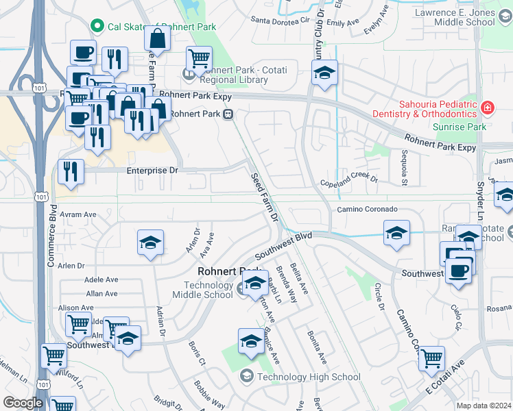 map of restaurants, bars, coffee shops, grocery stores, and more near 768 Santa Alicia Drive in Rohnert Park