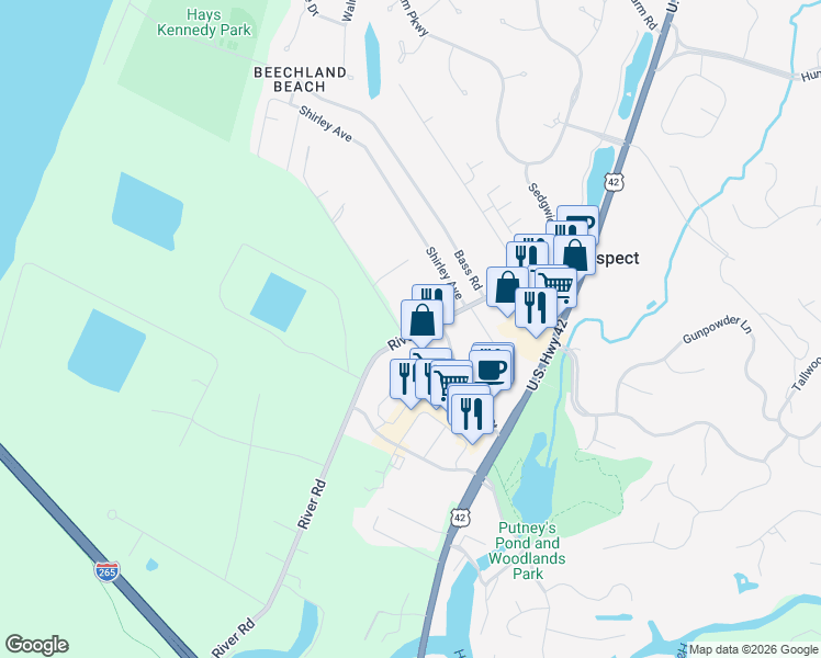 map of restaurants, bars, coffee shops, grocery stores, and more near 7500 River Road in Prospect