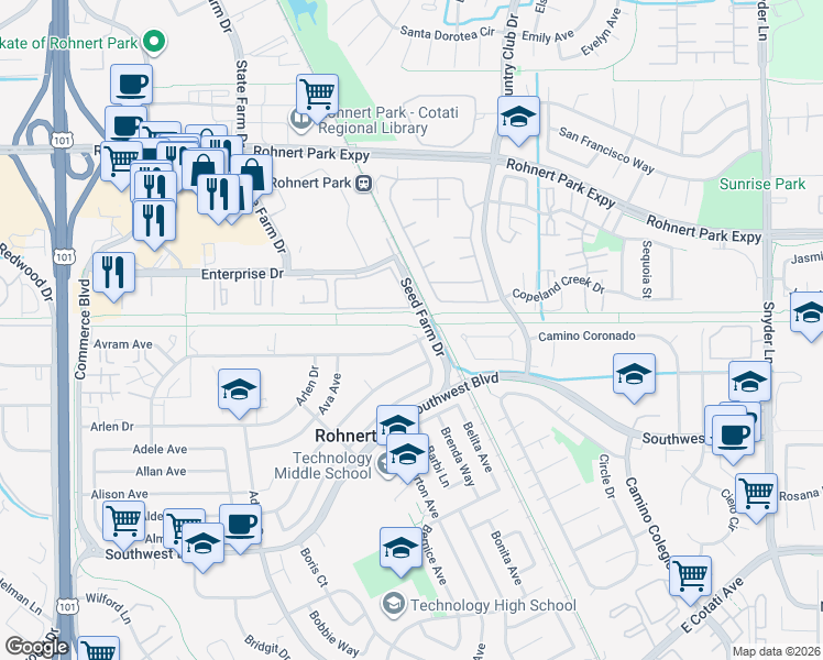 map of restaurants, bars, coffee shops, grocery stores, and more near 774 Santa Alicia Drive in Rohnert Park