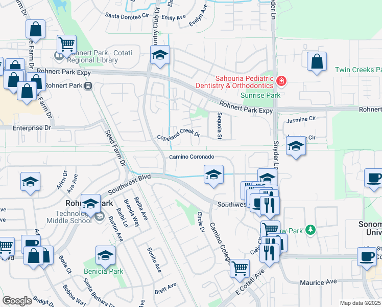 map of restaurants, bars, coffee shops, grocery stores, and more near 998 Camino Coronado in Rohnert Park