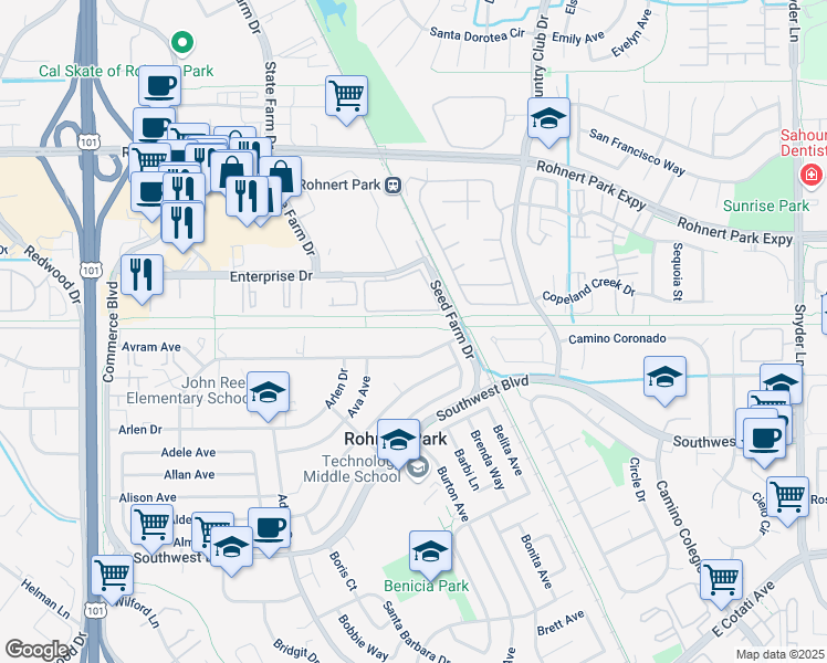 map of restaurants, bars, coffee shops, grocery stores, and more near 694 Santa Alicia Drive in Rohnert Park