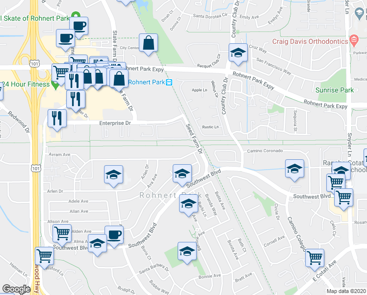 map of restaurants, bars, coffee shops, grocery stores, and more near 746 Santa Alicia Drive in Rohnert Park