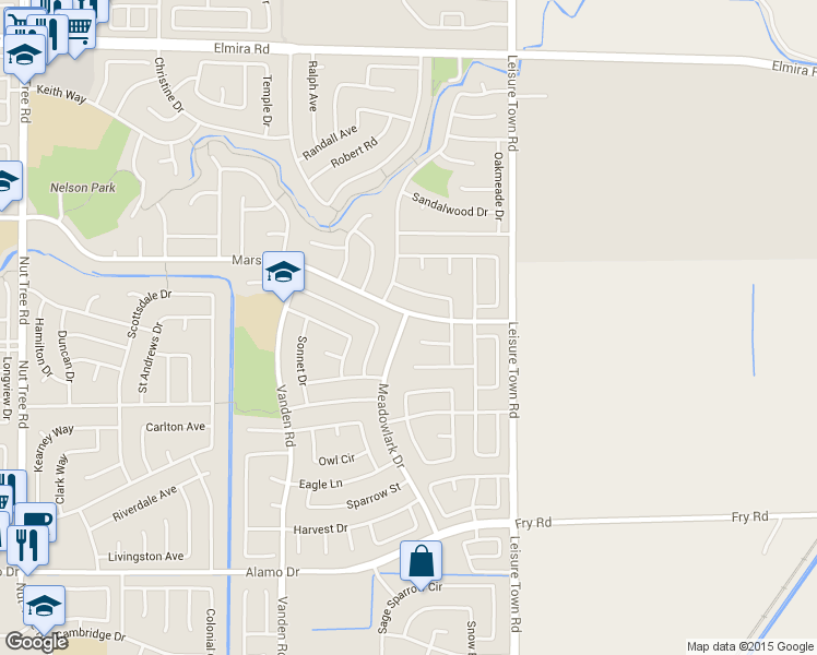 map of restaurants, bars, coffee shops, grocery stores, and more near 1253 Meadowlark Drive in Vacaville