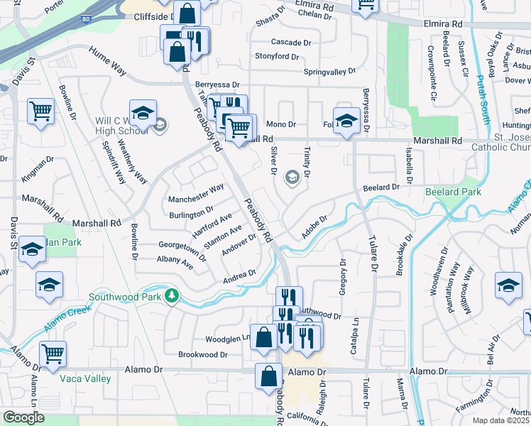 map of restaurants, bars, coffee shops, grocery stores, and more near 8 Peabody Road in Vacaville