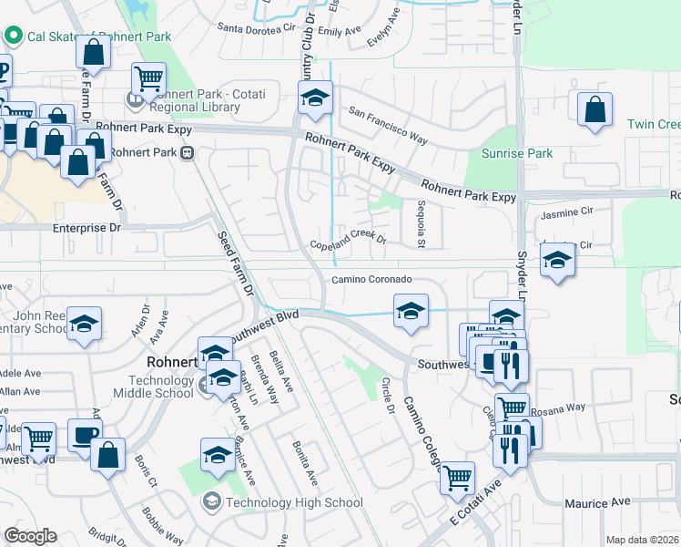 map of restaurants, bars, coffee shops, grocery stores, and more near 962 Camino Coronado in Rohnert Park