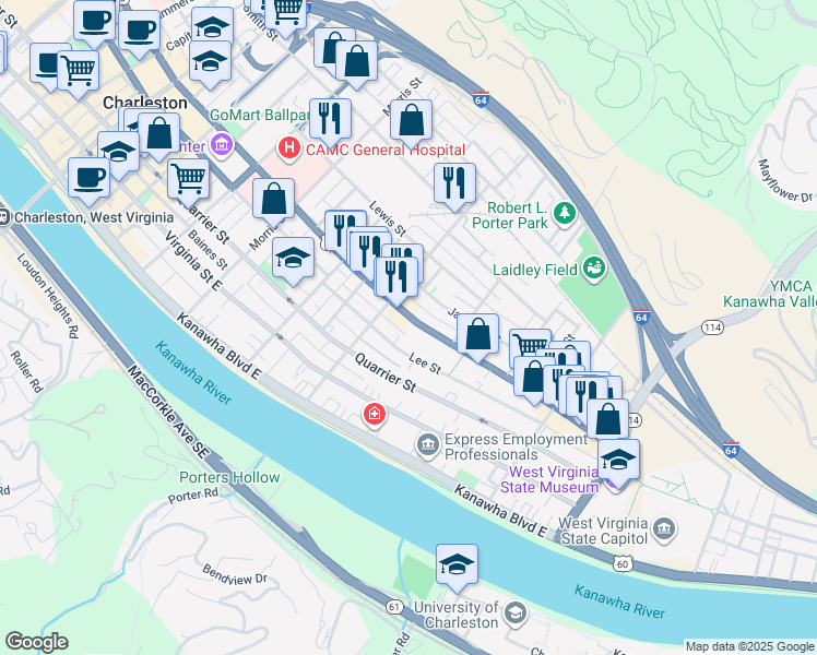 map of restaurants, bars, coffee shops, grocery stores, and more near 1511 워싱턴 스트리트 이스트 in Charleston