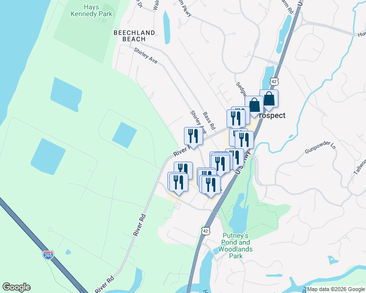 map of restaurants, bars, coffee shops, grocery stores, and more near 7500 River Road in Prospect