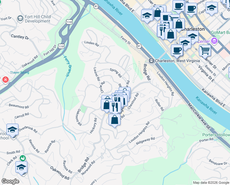 map of restaurants, bars, coffee shops, grocery stores, and more near 957 Ridgemont Road in Charleston