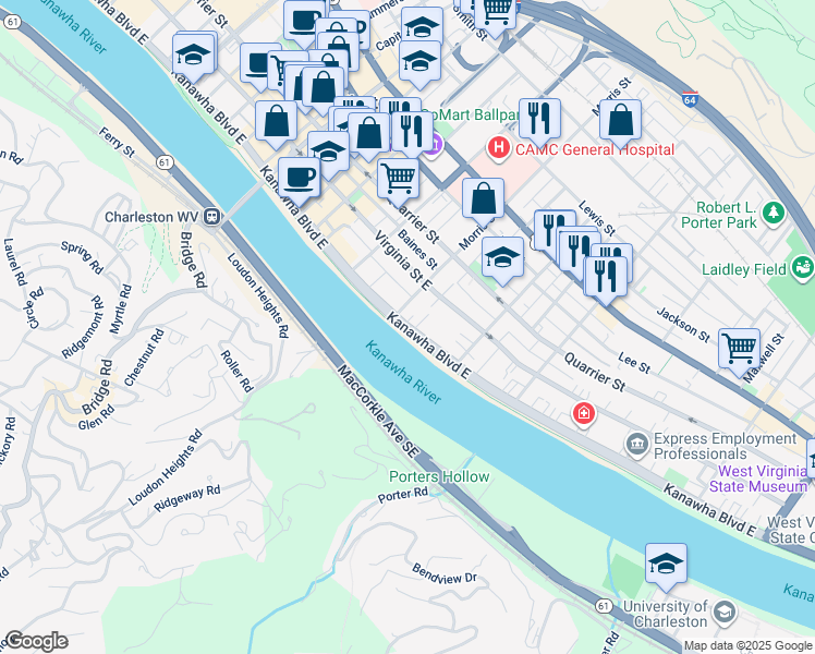 map of restaurants, bars, coffee shops, grocery stores, and more near 1310 Kanawha Boulevard East in Charleston