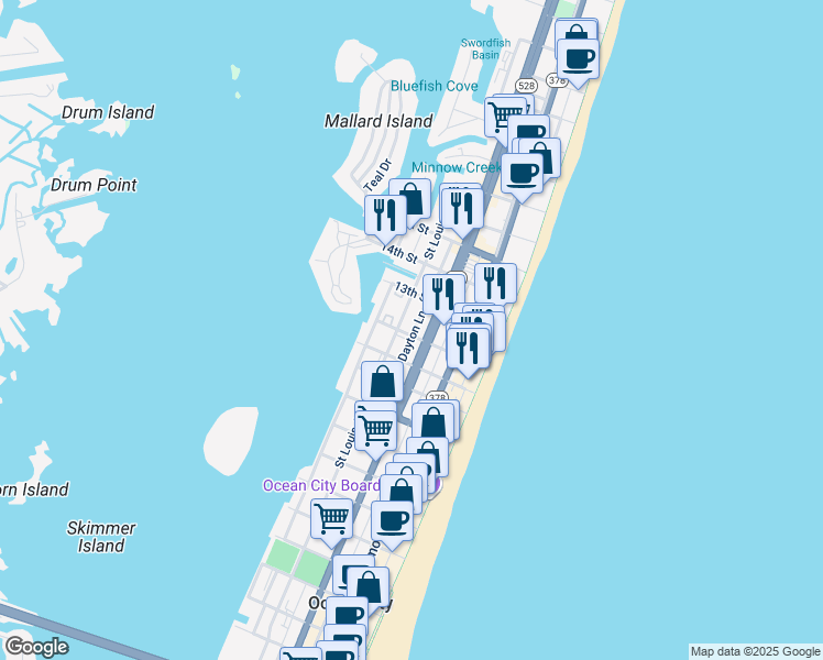 map of restaurants, bars, coffee shops, grocery stores, and more near 204 12th Street in Ocean City