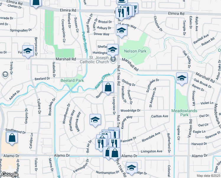 map of restaurants, bars, coffee shops, grocery stores, and more near 106 Normandy Drive in Vacaville