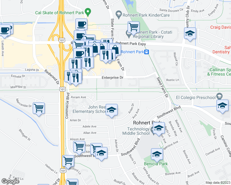 map of restaurants, bars, coffee shops, grocery stores, and more near 420 Santa Alicia Drive in Rohnert Park