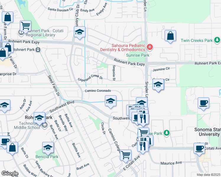 map of restaurants, bars, coffee shops, grocery stores, and more near 1066 Camino Coronado in Rohnert Park