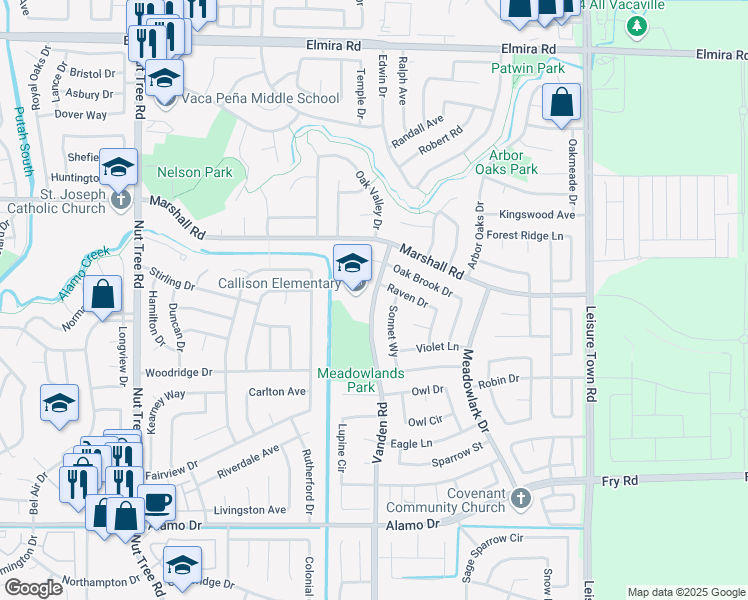 map of restaurants, bars, coffee shops, grocery stores, and more near 6261 Vanden Road in Vacaville