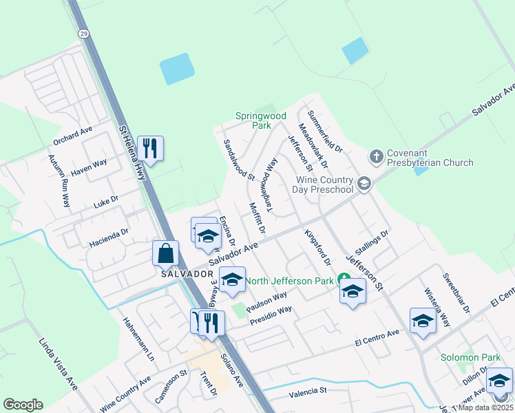 map of restaurants, bars, coffee shops, grocery stores, and more near 4428 Moffitt Drive in Napa