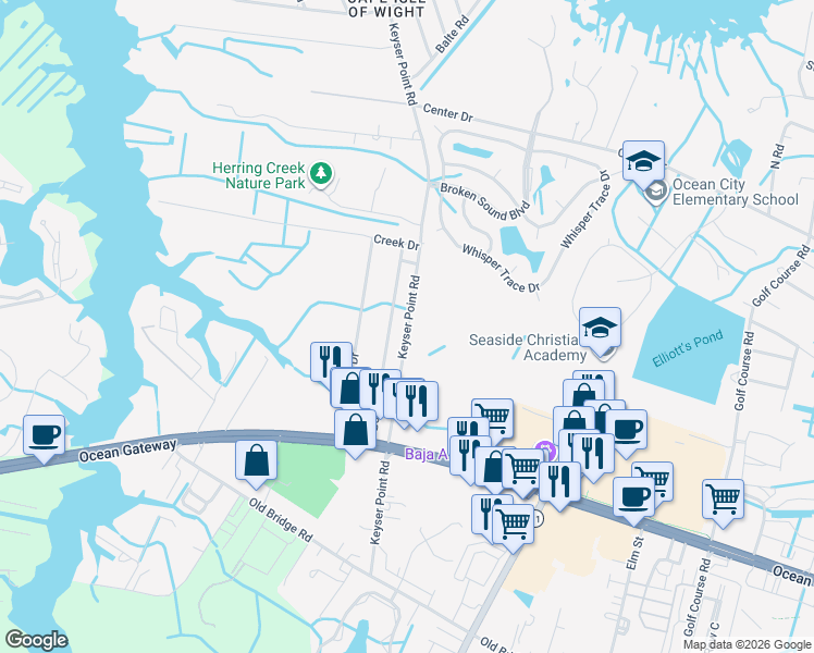 map of restaurants, bars, coffee shops, grocery stores, and more near 10054 Keyser Point Road in Ocean City