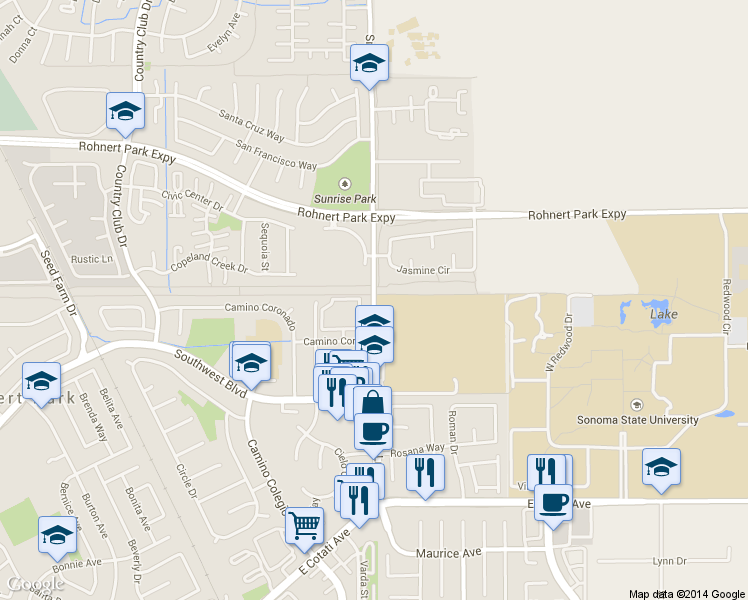 map of restaurants, bars, coffee shops, grocery stores, and more near 6018 Snyder Lane in Rohnert Park