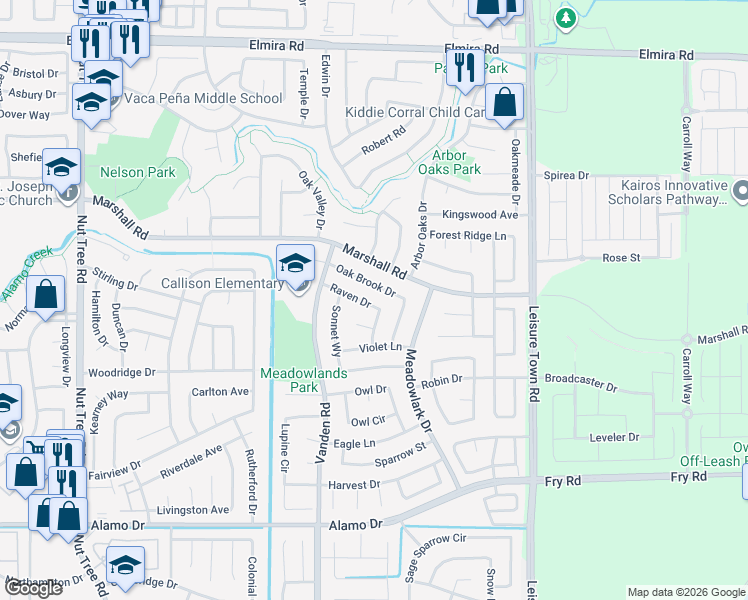 map of restaurants, bars, coffee shops, grocery stores, and more near 755 Raven Drive in Vacaville