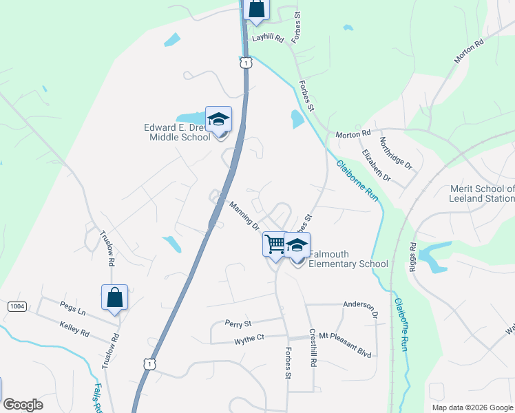 map of restaurants, bars, coffee shops, grocery stores, and more near 1107 Thomas Jefferson Place in Fredericksburg