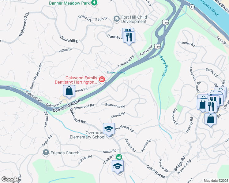 map of restaurants, bars, coffee shops, grocery stores, and more near 117 U.S. 119 in Charleston