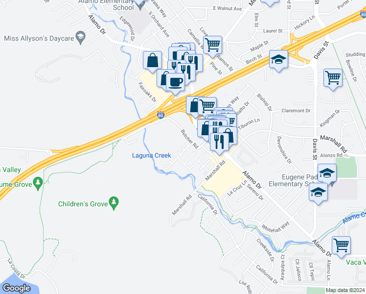 map of restaurants, bars, coffee shops, grocery stores, and more near 207 Bianco Court in Vacaville
