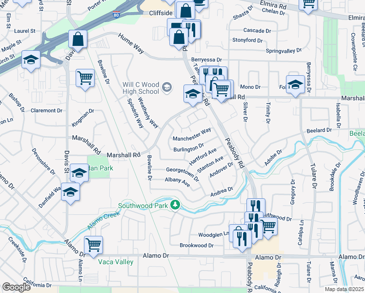 map of restaurants, bars, coffee shops, grocery stores, and more near 497 Burlington Drive in Vacaville