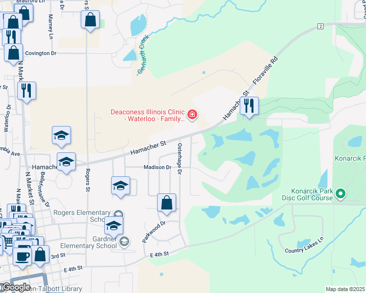 map of restaurants, bars, coffee shops, grocery stores, and more near 102 Osterhage Drive in Waterloo