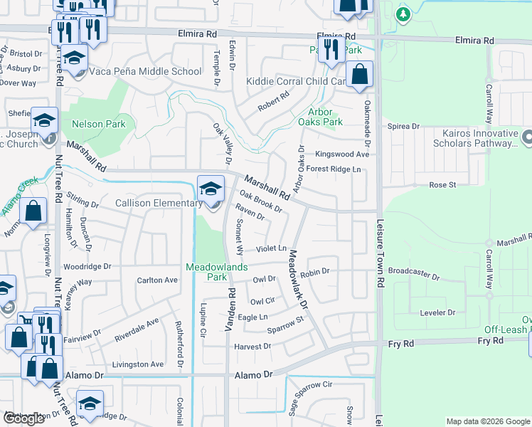 map of restaurants, bars, coffee shops, grocery stores, and more near 755 Raven Drive in Vacaville